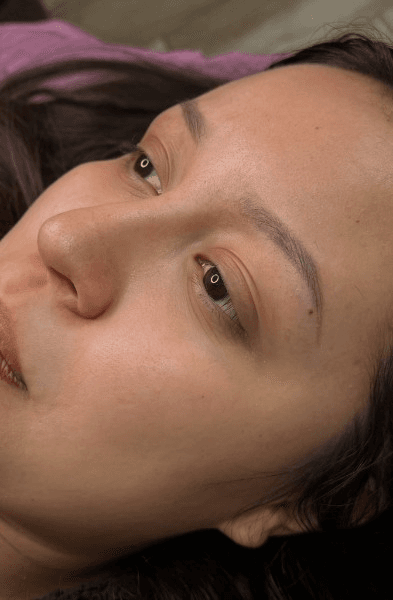 The same brows healed from the first session, with the color settled softer and lighter.